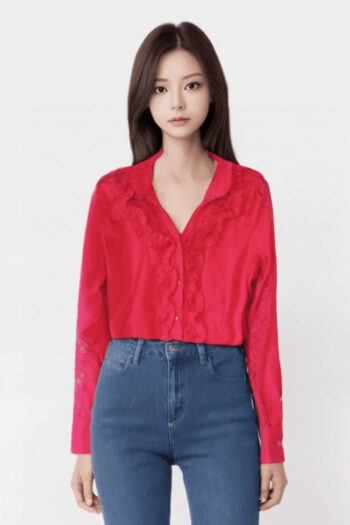 Fuşya Yüngül Dökümlü Flounce Yaxalı Köynək