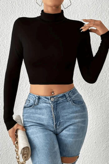 Uzunqol Qara Rəngli Yumuru Yaxa Trikotaj Bluz ince Fit