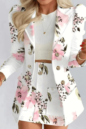 Qoşa Düyməli Çiçək Naxışlı İki Parça Kostyum Dəsti Blazer və Bodycon