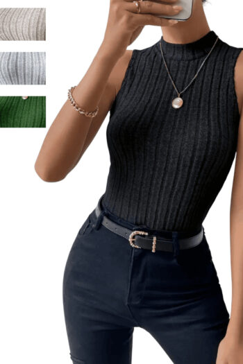 Yay Üçün Yivli Trikotaj Parçalı Slim Fit Yüksək Yaxalı Qolsuz Bluz