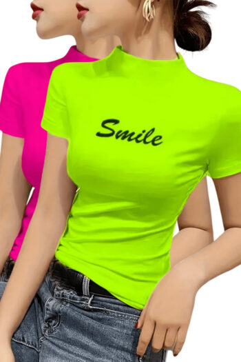 Smile Yazılı Yüksək Yaxalı Qısaqol Qadın T-shirt