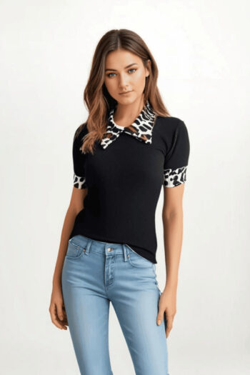 Qara Leopard Desenli Polo Yaxalı Dar Trikotaj Bluz